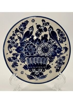 Vintage DELFTS Plate 4" Blue White Glazed Ceramic Holland 90s Decorative w/stand